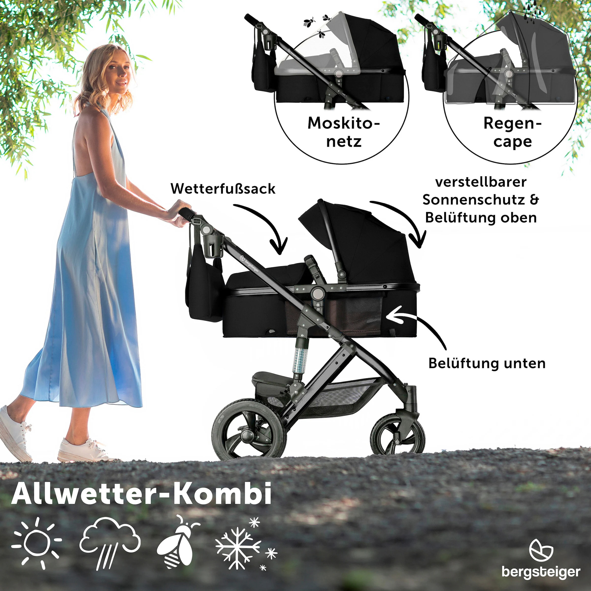 Bergsteiger Kinderwagen Nizza + Babyschale black | Gestell: black