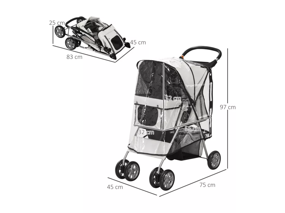 Poussette buggy pliable animaux chariot pliant chien chat porte-gobelet panier de rangement inclus roues avec frein tissu 600D Oxford métal gris