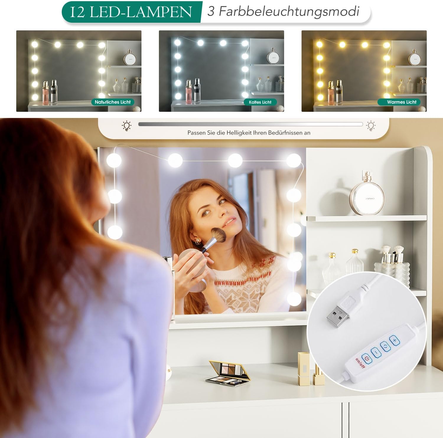 Schminktisch mit 12 LED-Beleuchtung, Hocker, Frisiertisch mit Große Spiegel, Schminktische mit Mehreren Schubladen, Schminktisch-Set mit Lichtern und Hocker 5 verdeckte Regalböden Weiß