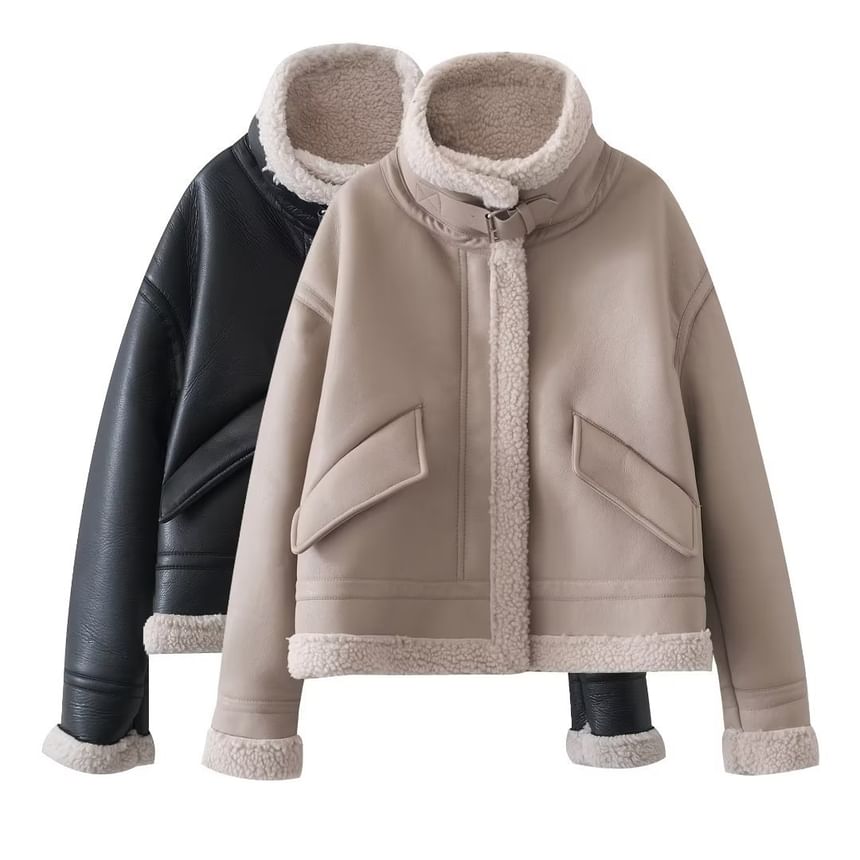 Overing - Lange mouwen imitatieleren fleece jas met rits