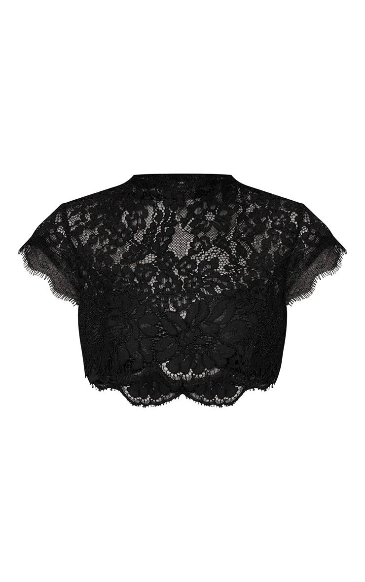 Noir Haut Court En Dentelle Transparente À Manches Courtes Et Bord Festonné