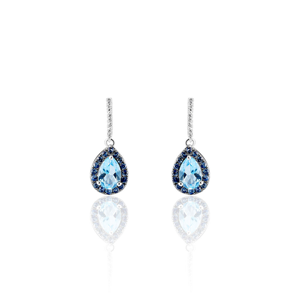 Boucles D'oreilles Puces Kenza Or Blanc Topaze Et Saphir Et Diamant