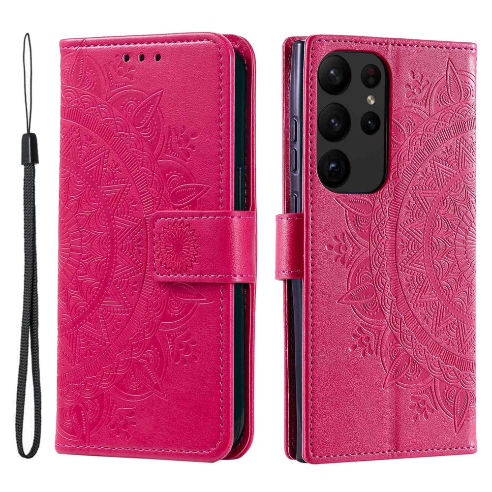 Samsung Galaxy S23 Ultra 5G Leder Tasche Wallet - Mandala Flowers Imprint - Rot / Pink