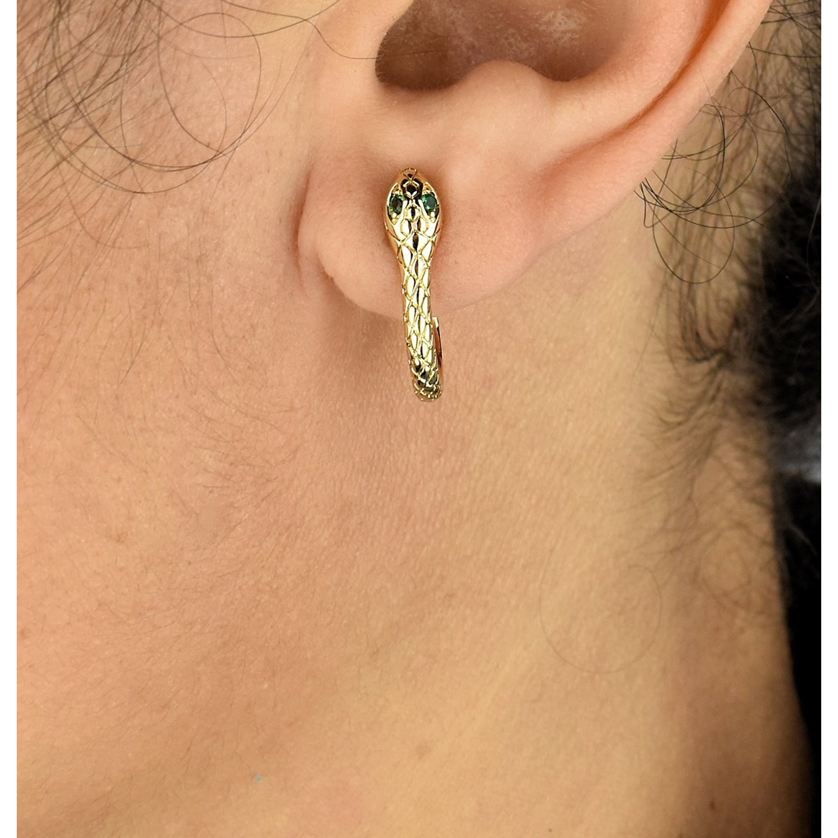 Boucles d'oreilles serpent Créole ouverte yeux d'oxydes de zirconium verts Plaqué or 750 3 microns