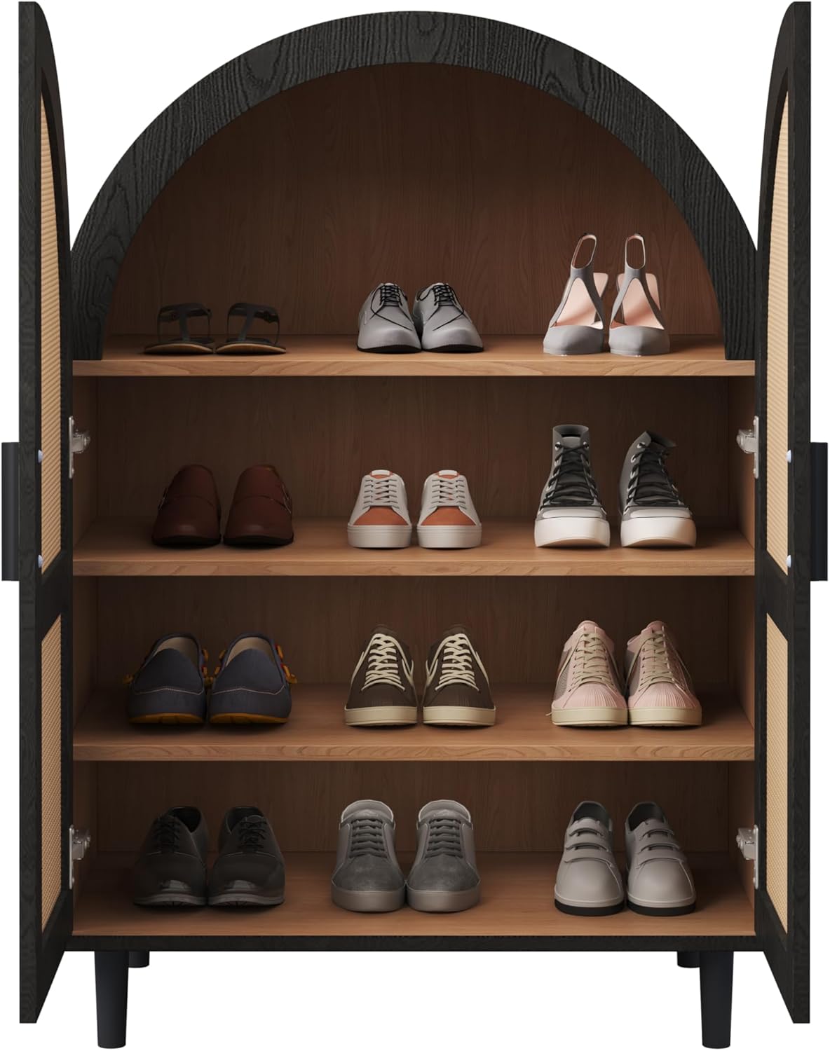 Elegantes Sideboard/Schuhschrank mit Abgerundeter Außenseite, Durchbrochenen Rattantüren und DREI Regalen.