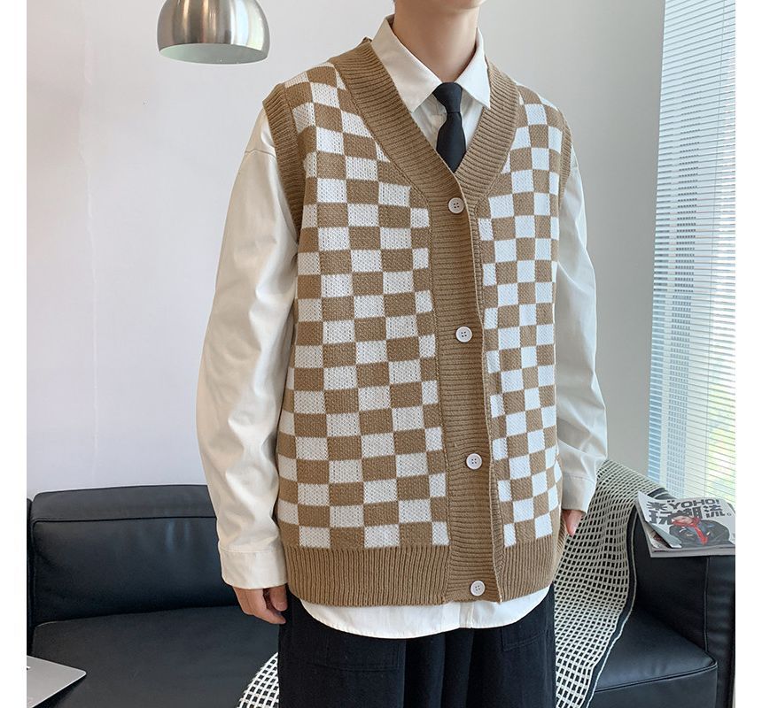 Hushgrain - V-hals geruite print trui met knoopjes