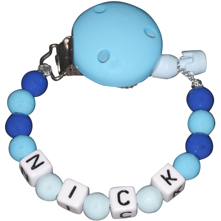 Schnullireich Schnullerkette mit Namen bis 8 Buchstaben Blau