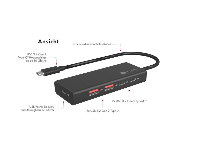 ICY BOX USB-Hub 4-Port Hub IB-HUB1436-CPD 4-Port Hub mit USB 3.2 Gen 2 Type-C Anschluss und PD 100 W