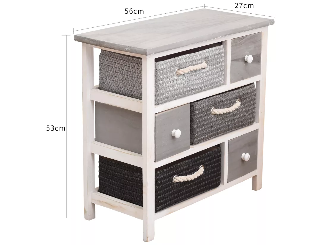 Meuble Commode 6 Tiroir Bois Osier Gris Blanc Rustique 53x56x27