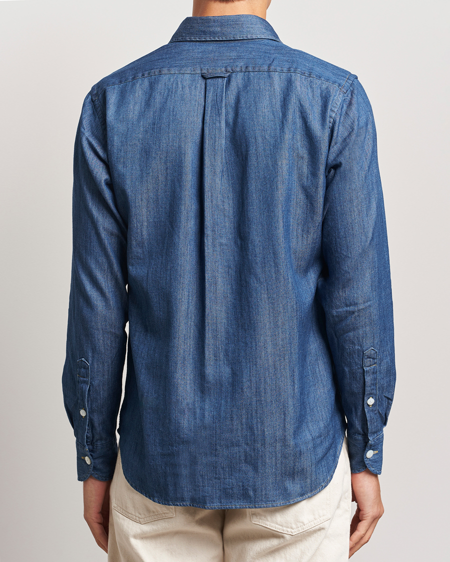 Drake's Denim Cotton Two Pocket Work Shirt Blue