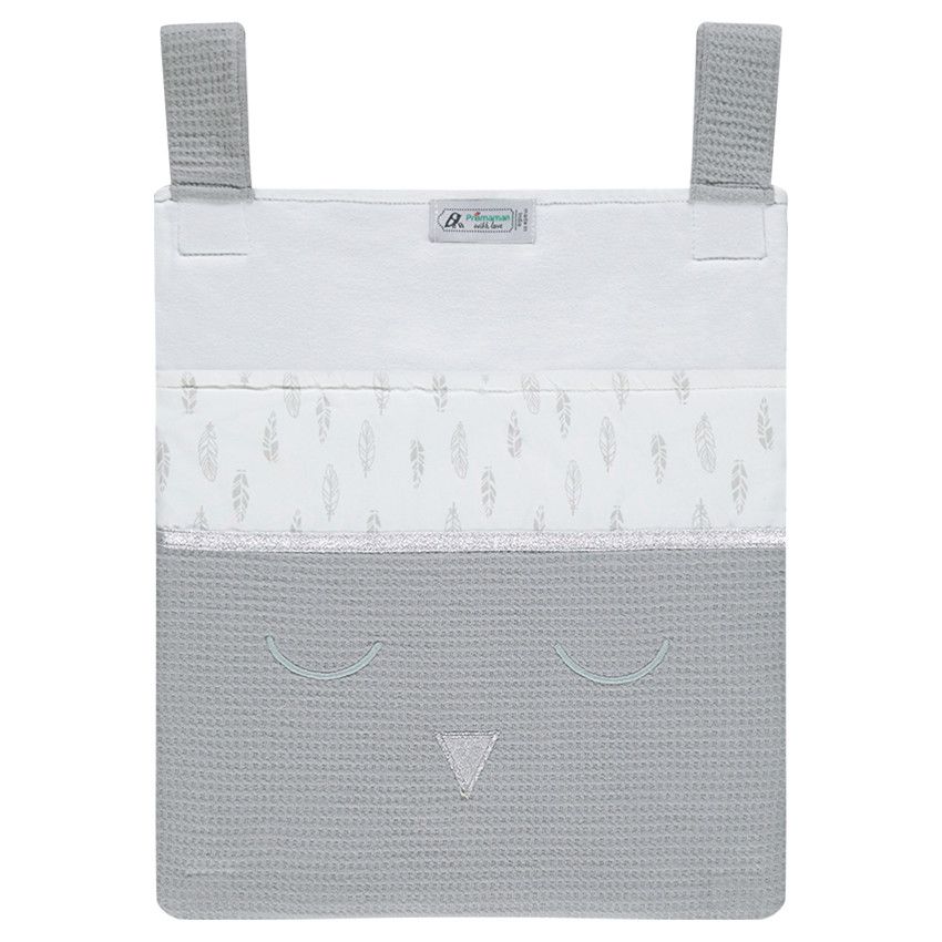 Poche de rangement motif plumes et détails brodés - Gris/Vert