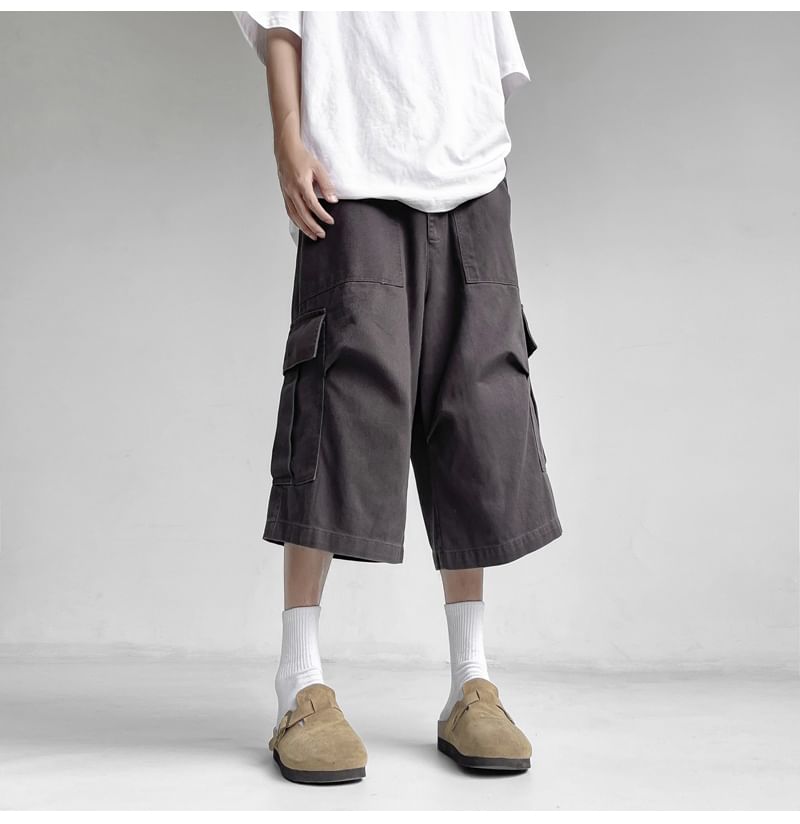 Lorencho - Mid Rise Plain Capri Wide Leg Cargo Pants