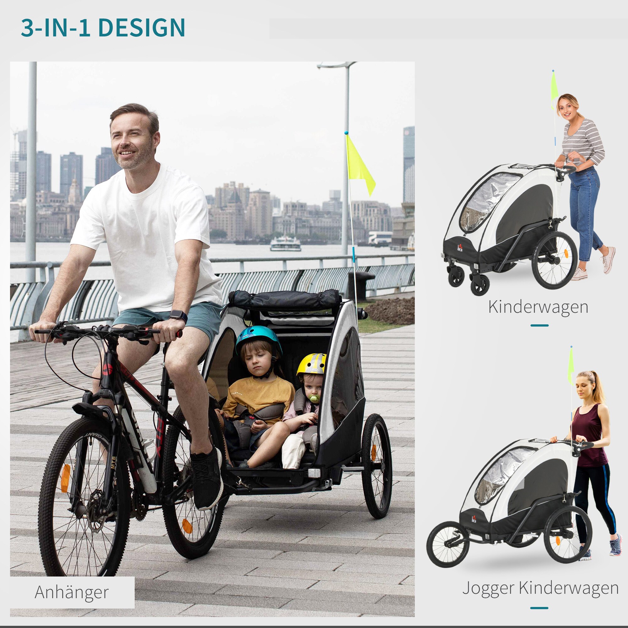 HOMCOM 2 in 1 Fahrradanhänger für 2 Kinder 150 x 85 x 107 (LxBxH)