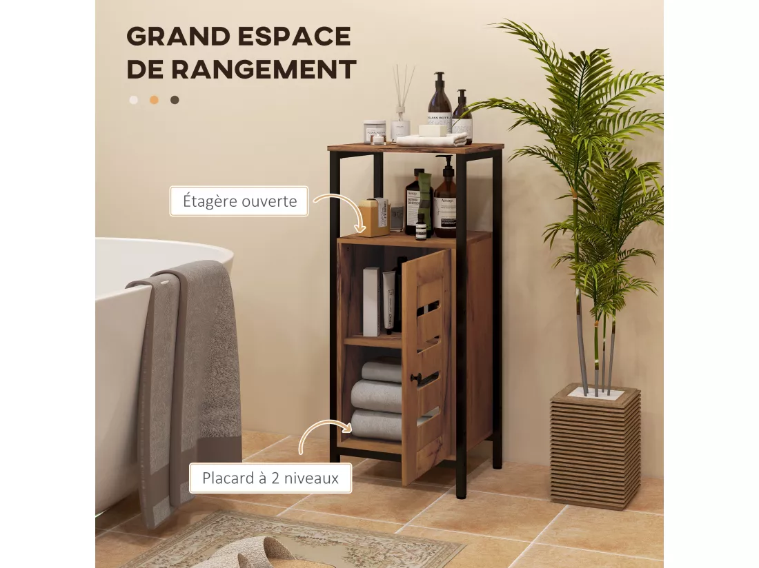 Meuble bas de salle de bain avec porte, armoire de toilette structure en acier, meuble colonne sur pied avec niche ouverte et étagère réglable, 37 x 30 x 85 cm, brun rustique