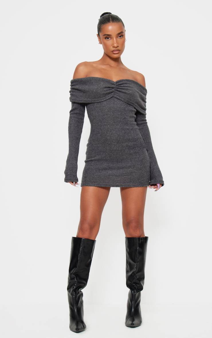 Gris Robe Moulante À Manches Longues Côtelée Brossée Col Bardot