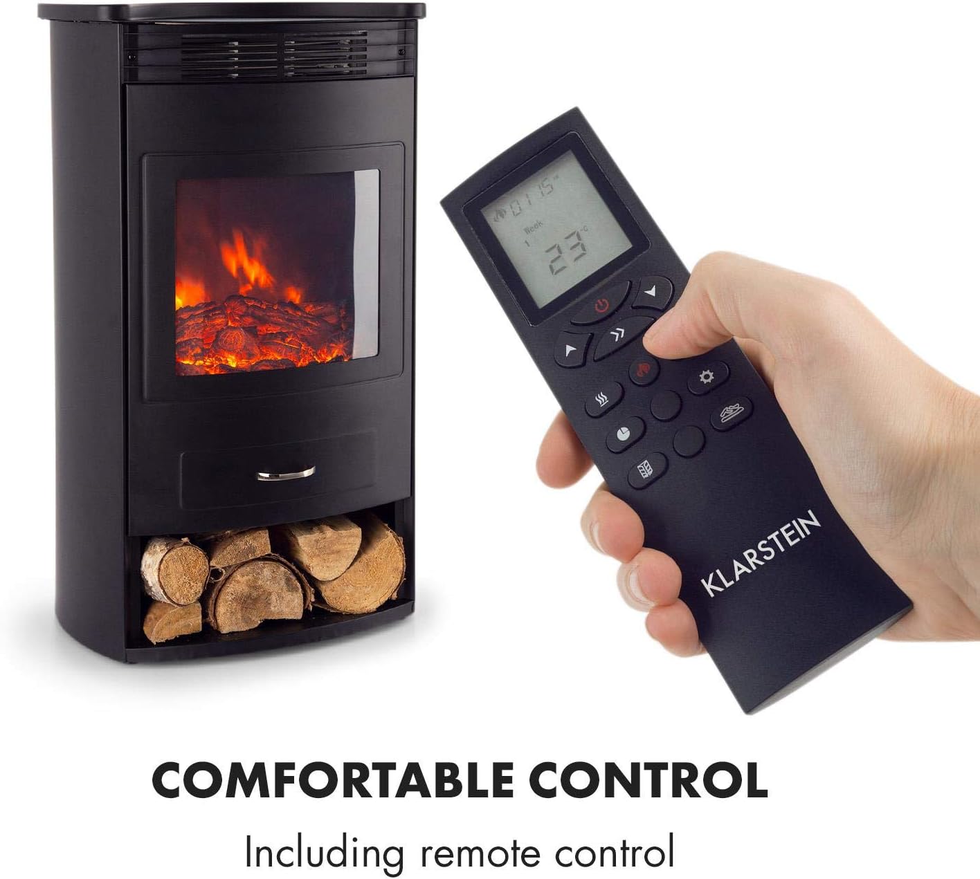 Klarstein Elektrokamin, Elektro Heizungen für Wohnzimmer & Innenräume, Elektrischer Kamin mit LED Flammen, mit Fernbedienung, Heizlüfter mit Timer, Einstellbarer Thermostat, Heizung 1900 W