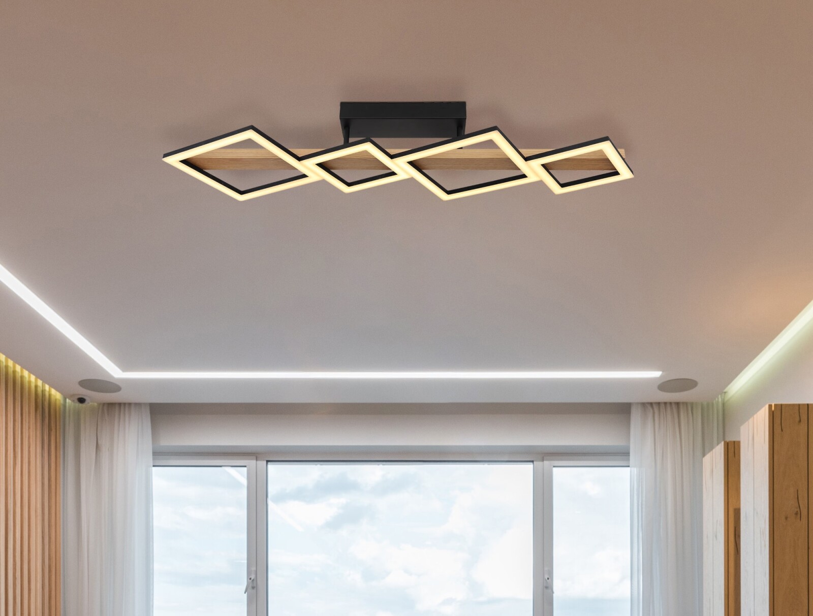 LED-Deckenleuchte - schwarz matt - Holzoptik - 92 cm