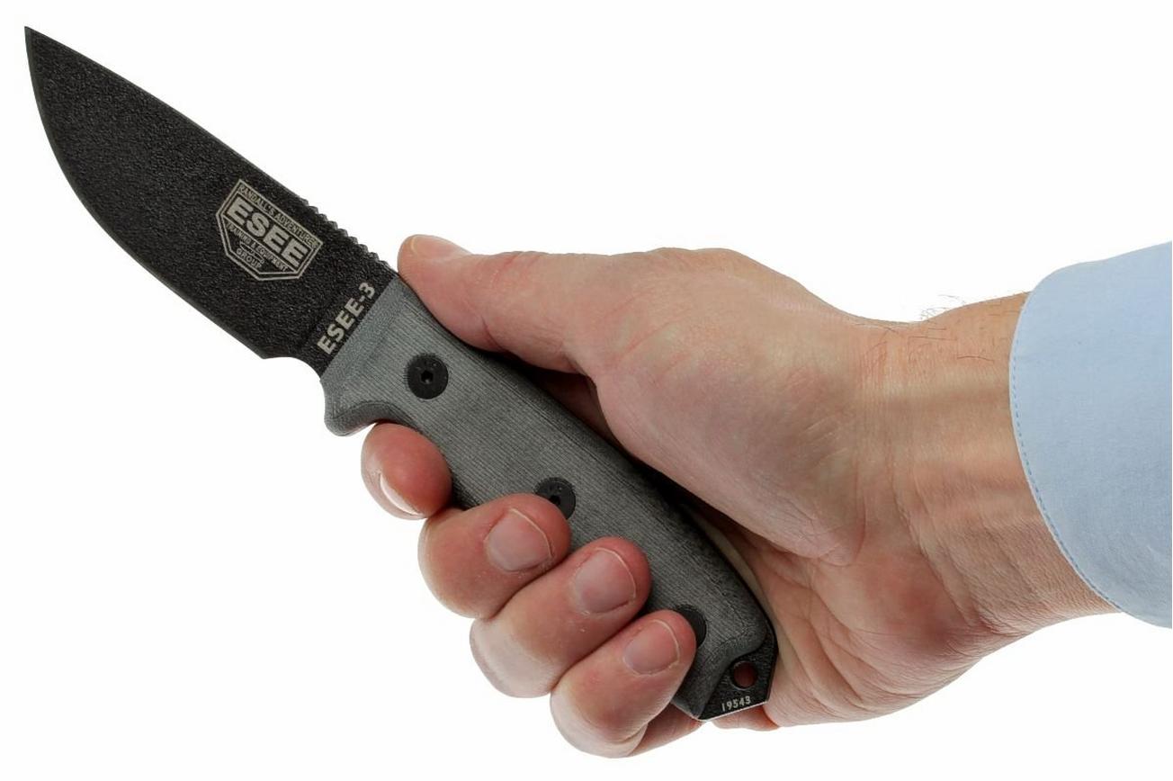 ESEE Model 3 black blade, grey handle 3P-MB-B met schede   clip en MOLLE-back