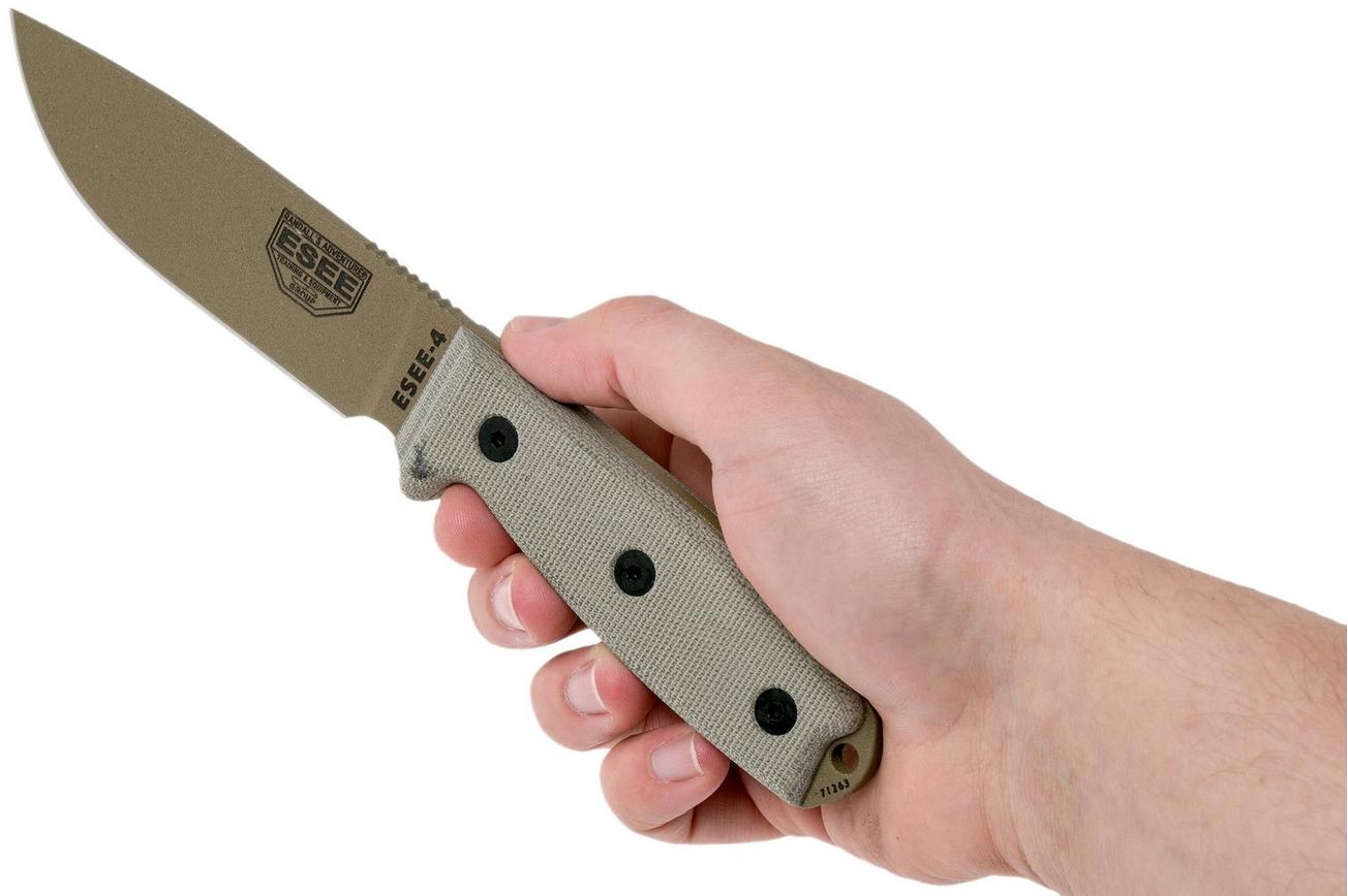 ESEE Model 4 dark earth blade, grey handle 4P-MB-DE met zwarte schede   clip en MOLLE-back
