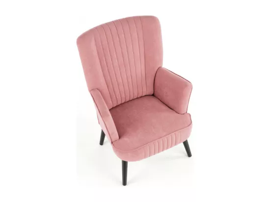 Fauteuil contemporain en velours rose avec haut dossier et pieds noirs en bois massif CYRUS