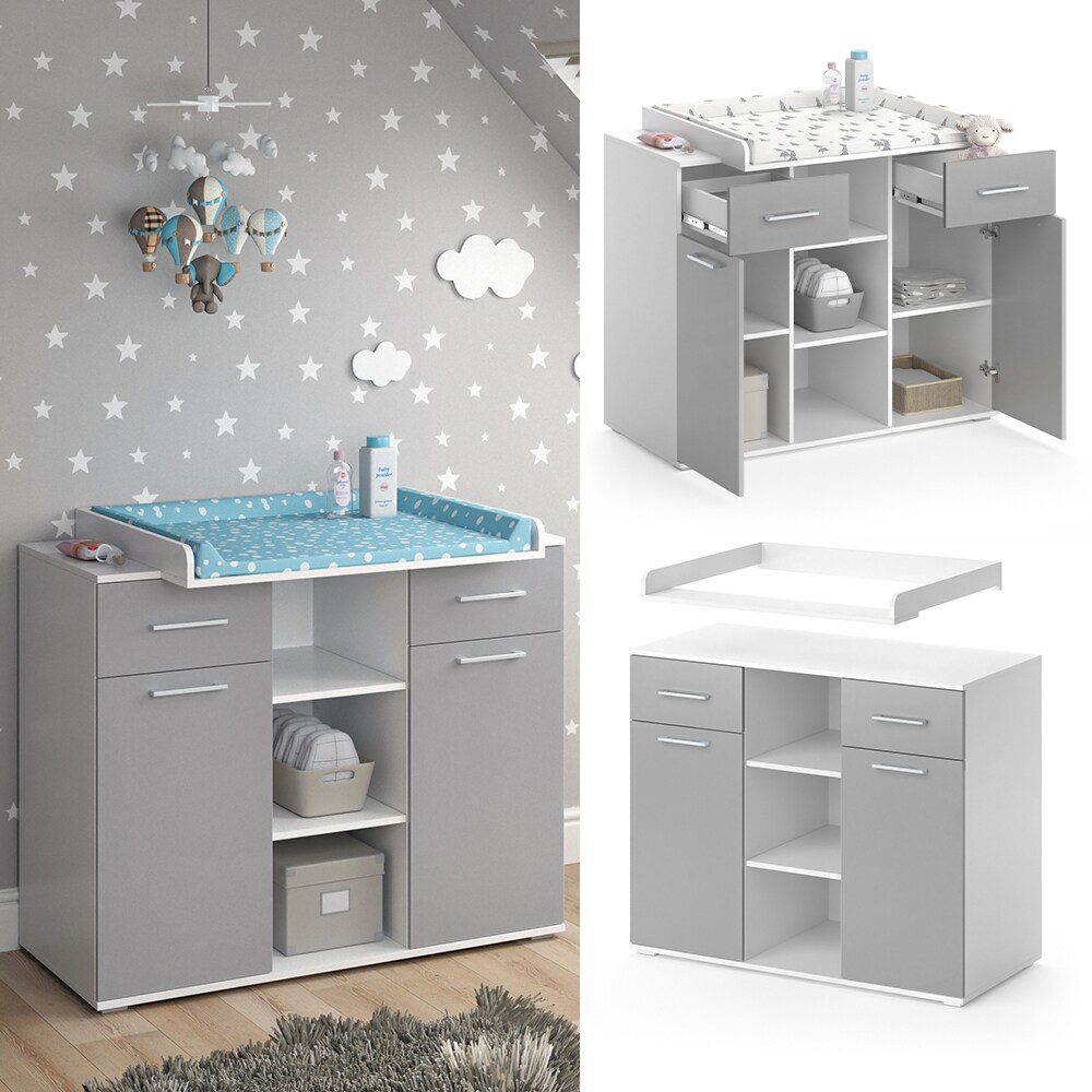 Vicco Wickelkommode Wickeltisch Wickelregal Leonie mit Wickelaufsatz Weiß/Grau