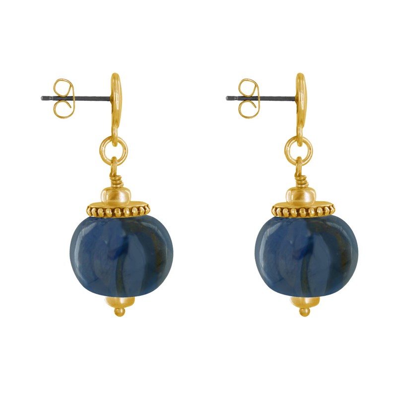 Boucles d'Oreilles Clous Métal Doré et Grosses Perles en Céramique