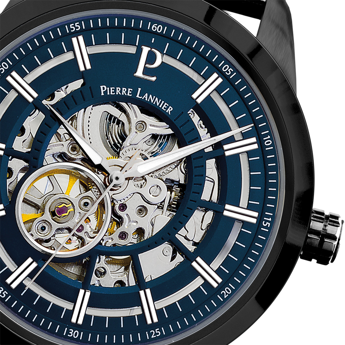 Montre PIERRE LANNIER automatic homme automatique acier bleu bracelet acier noir