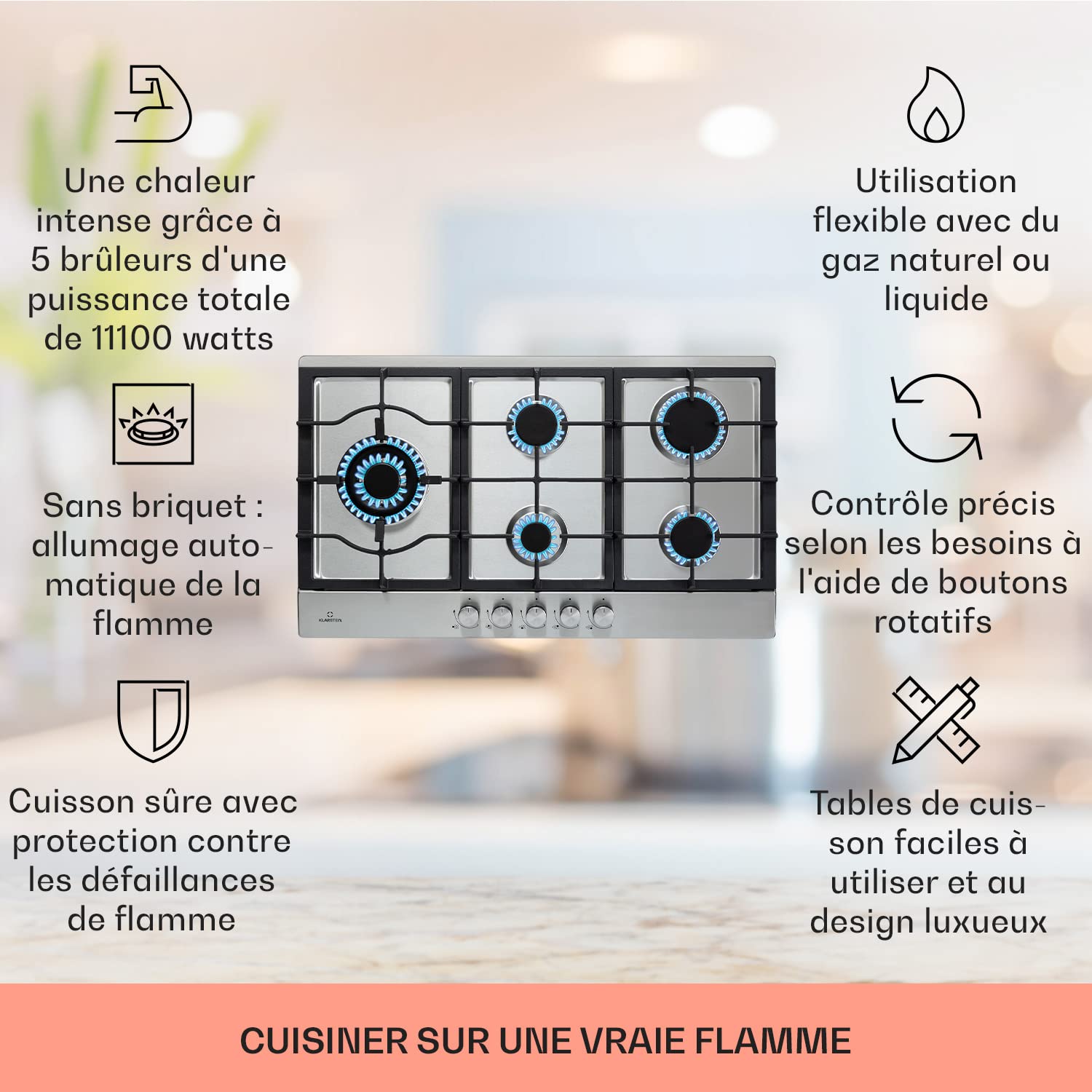 Klarstein Tables de Cuisson à Gaz, Plaque de Cuisson , Encastrable à 5 Feux de 11100W, Cuisiniere Gaz, Gaziniere avec Brûleurs en Acier Inoxydable, Cu