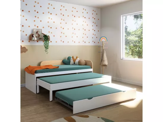 Lit gigogne 3 places 90x200 cm bois massif blanc NOHA