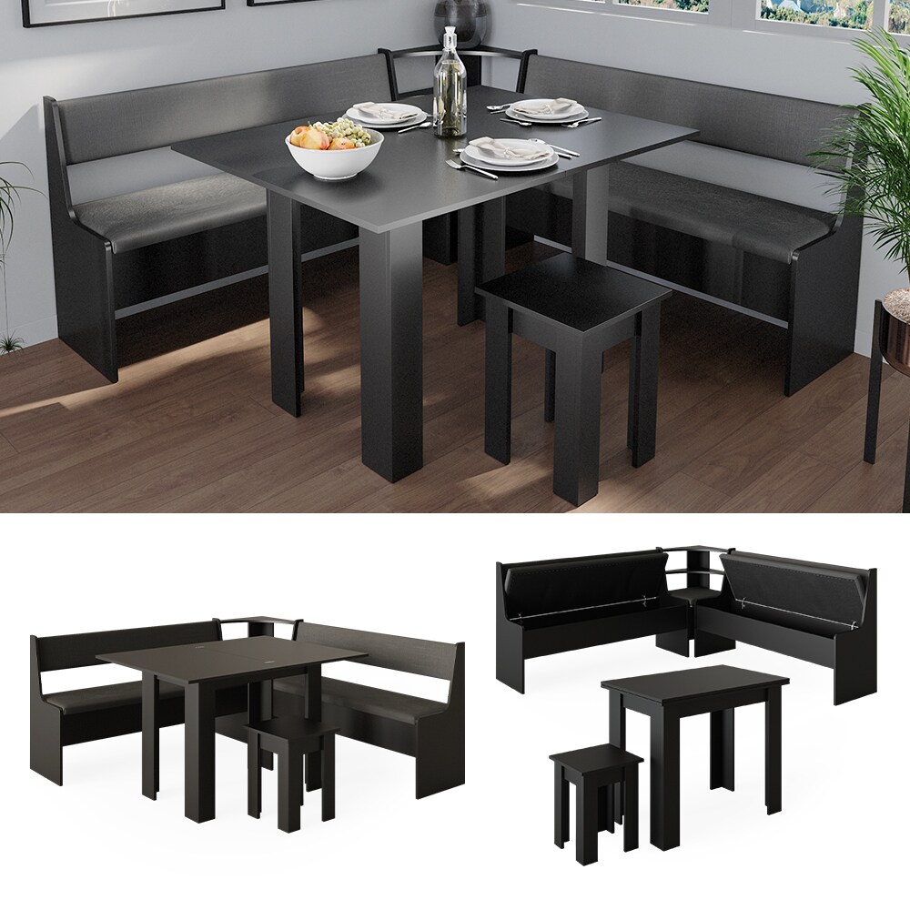 Vicco Eckbankgruppe Küchensitzgruppe Esszimmergruppe Roman Schwarz modern 180x180 cm Sitzbank Sitzecke Küchentisch Tischhocker Küchenmöbel Polstermöbel Esszimmermöbel