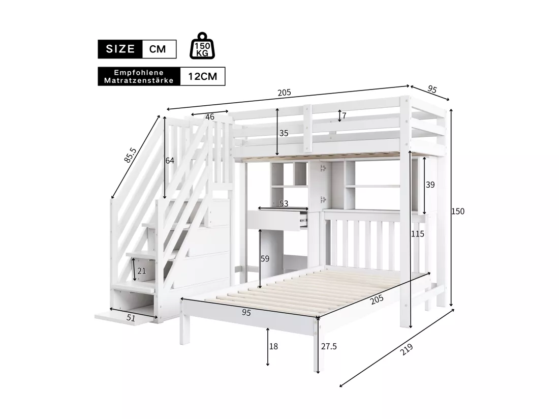 Lits superposés multifonctionnel pour enfant - 2 x 90 x 200 - 4 rangement dans l'escalier - avec bureau et tiroir - pin - blanc