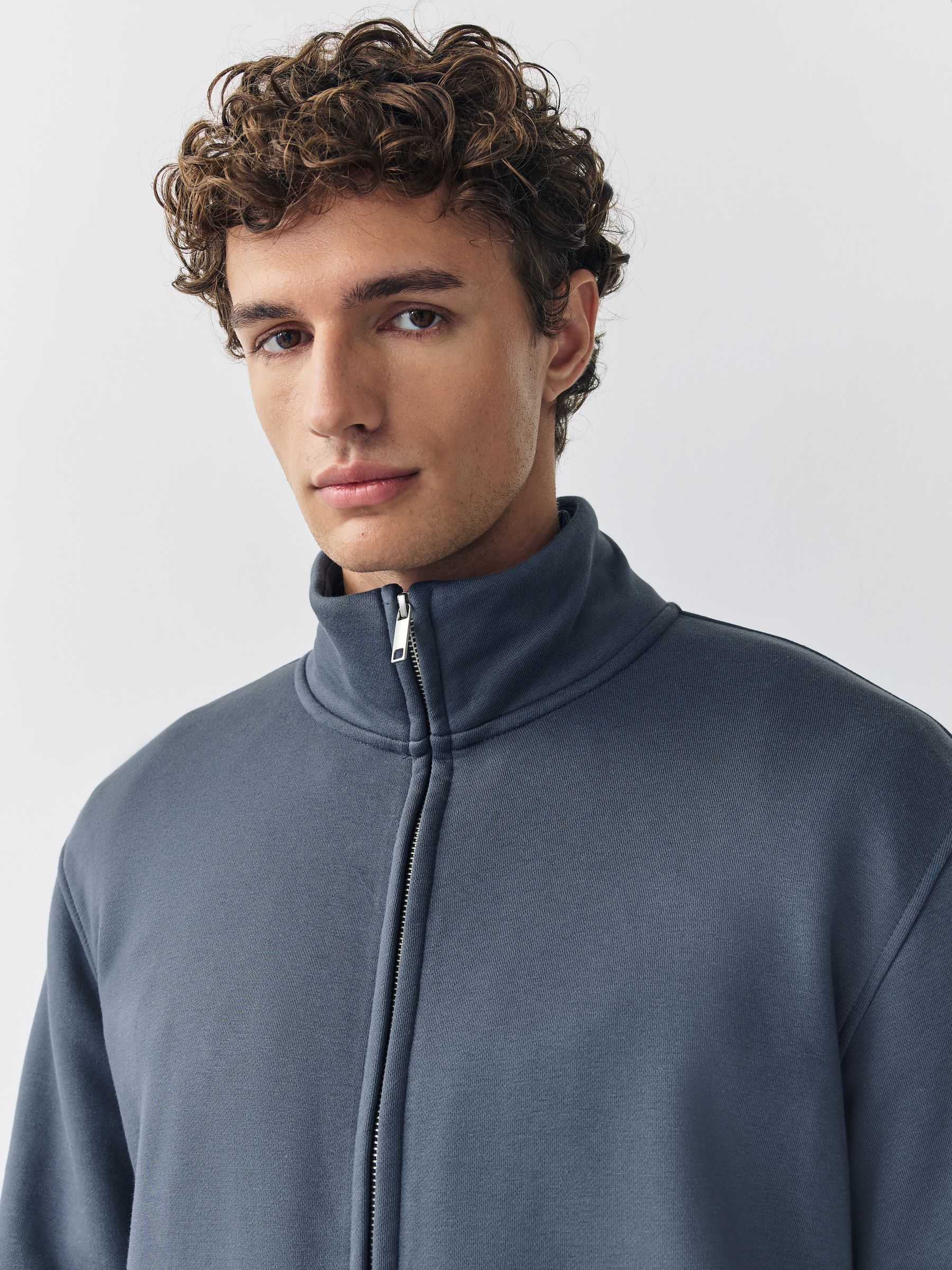 Blauw - Cotton Rich Jersey Full Zip Funnel Neck Sweatshirt