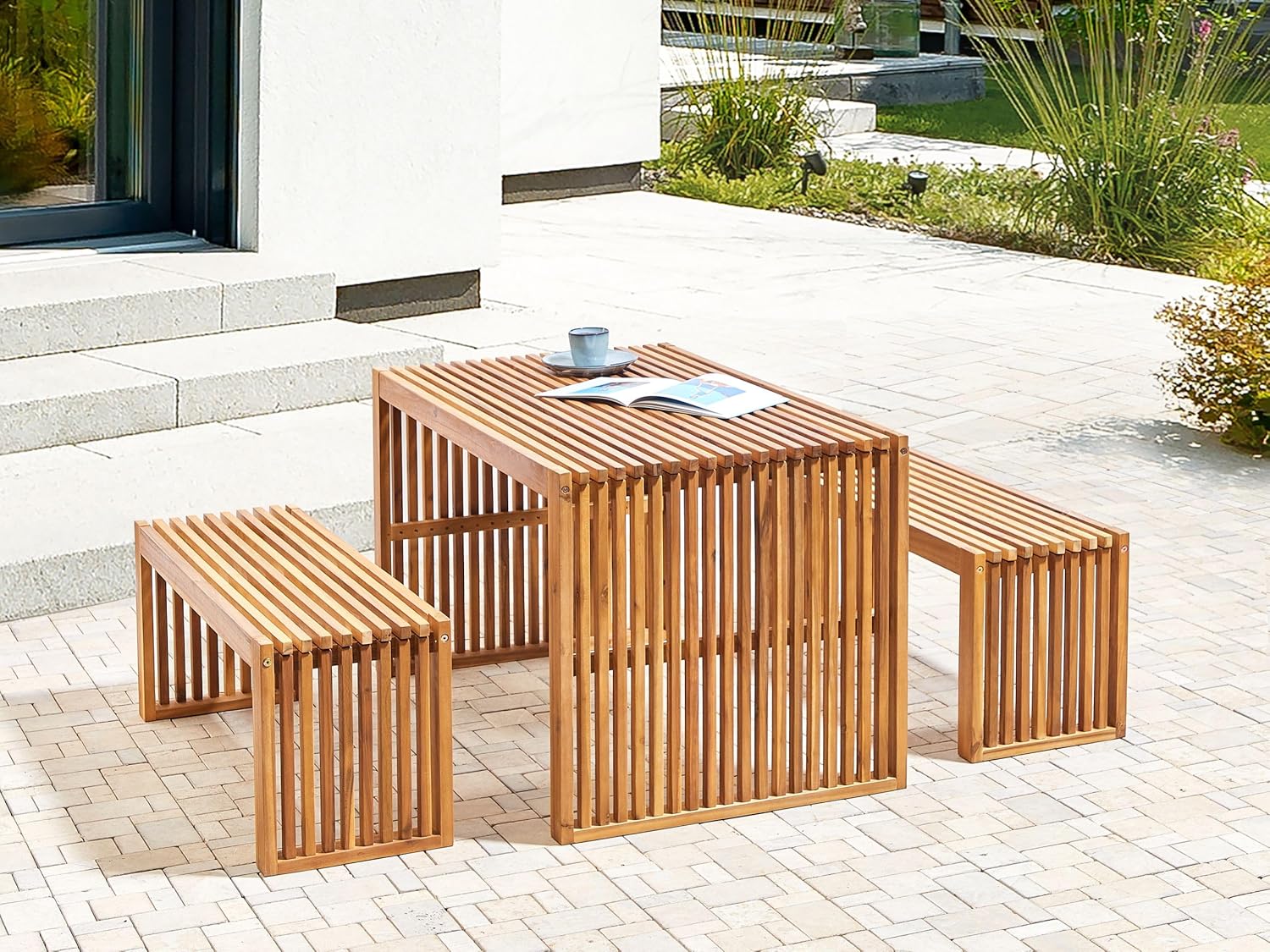 Gartentisch Set 4-Sitzer Akazienholz Hellbraun 1 Tisch und 2 Sitzbänke Bellano