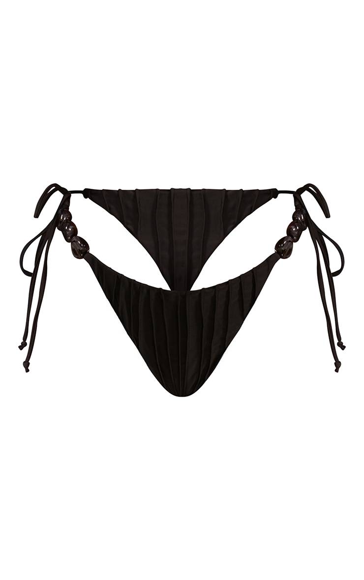 Noir Bas De Bikini Tanga À Détails Plissés Et Perles