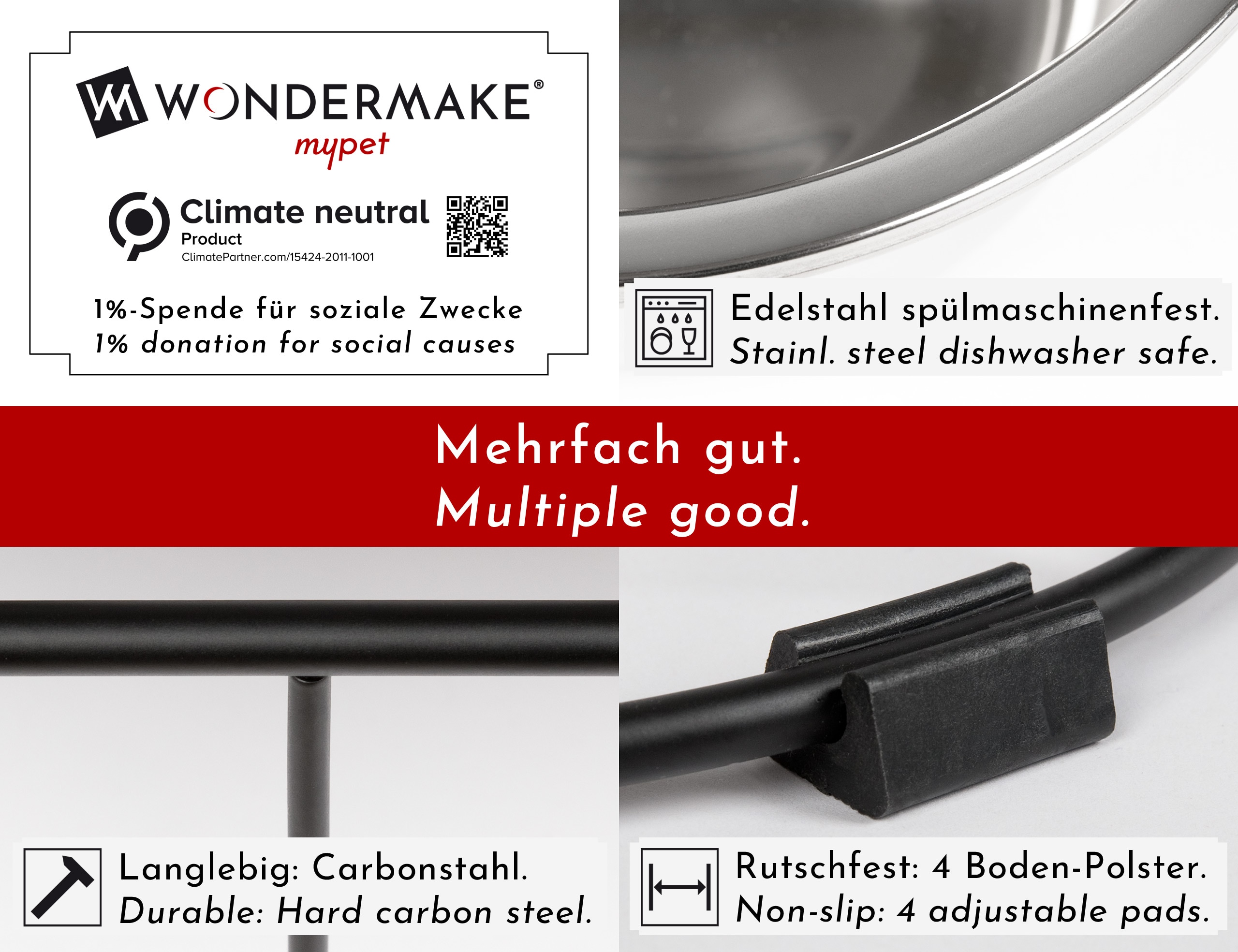 WONDERMAKE® Design Hundenapf erhöht für mittelgroße / große Hunde mit Ständer, Futternapf Hund Futterstation rutschfest aus Edelstahl, Fressnapf 2er Set 2 Näpfe doppelt, 47x26,5x17 cm, silber schwarz