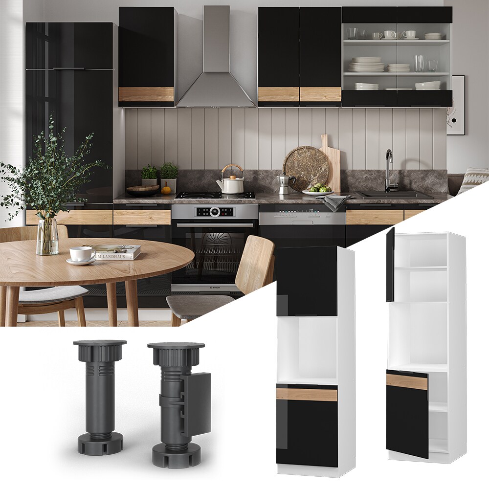 Vicco Herdhochschrank Küchenschrank Küchenmöbel Fame-Line Weiß Schwarz Eiche 60 cm modern Hochglanz