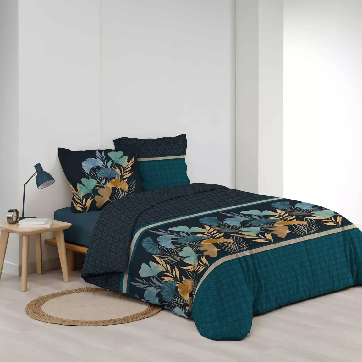 Housse de couette et deux taies percale de coton (240 x 220 cm) Blondy Bleue