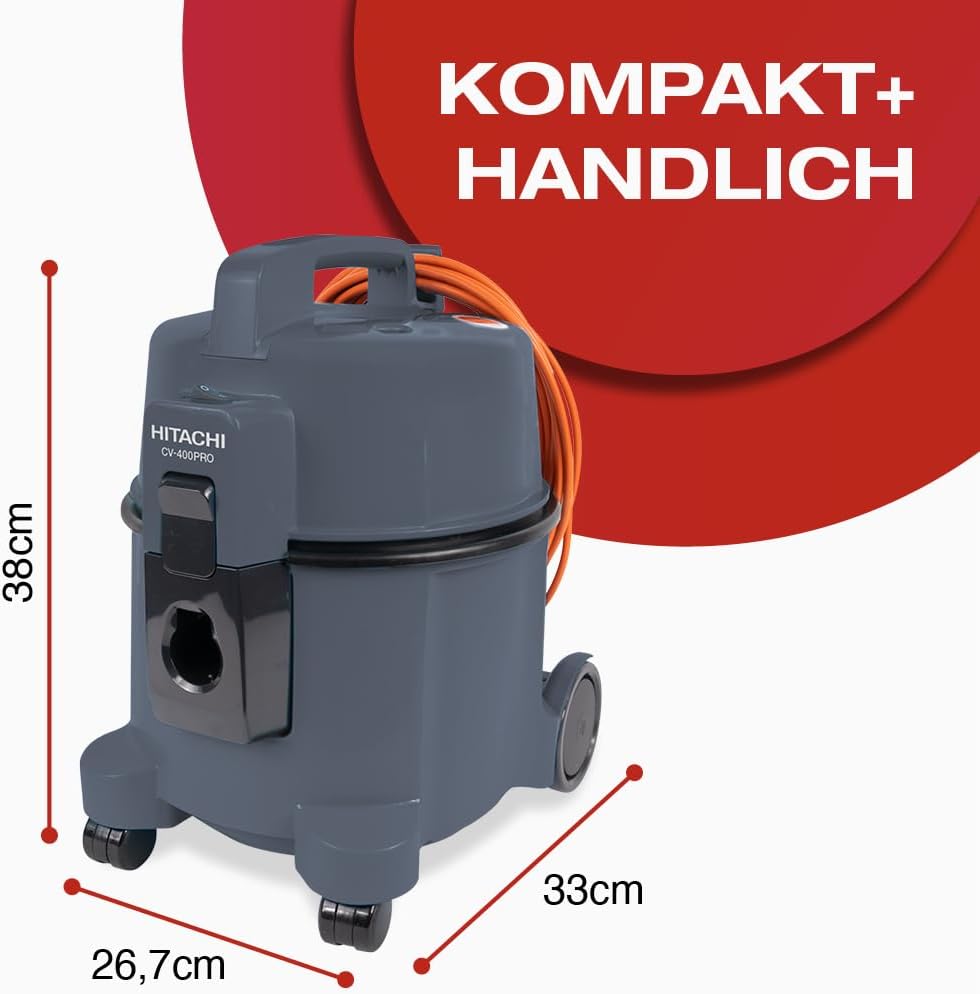 HITACHI Staubsauger CV-400P PRO + Beutel + HEPA Filter 4,5L - Profi Bodenstaubsauger 880W leise 74 dB, 13m Radius, Teppichdüse & Zubehör, Gewerbesauger Haushalt & Industrie - beutellos nutzbar (Grau)