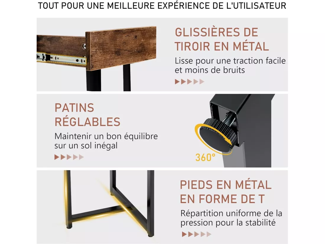 Bureau d'Ordinateur Industriel 120 x 55 cm, Table avec Tiroir, Design Élégant, Postes de Travail pour Bureau, Salon, Chambre, Facile à Assembler, 120 x 55 x 75 cm (Marron Rustique)