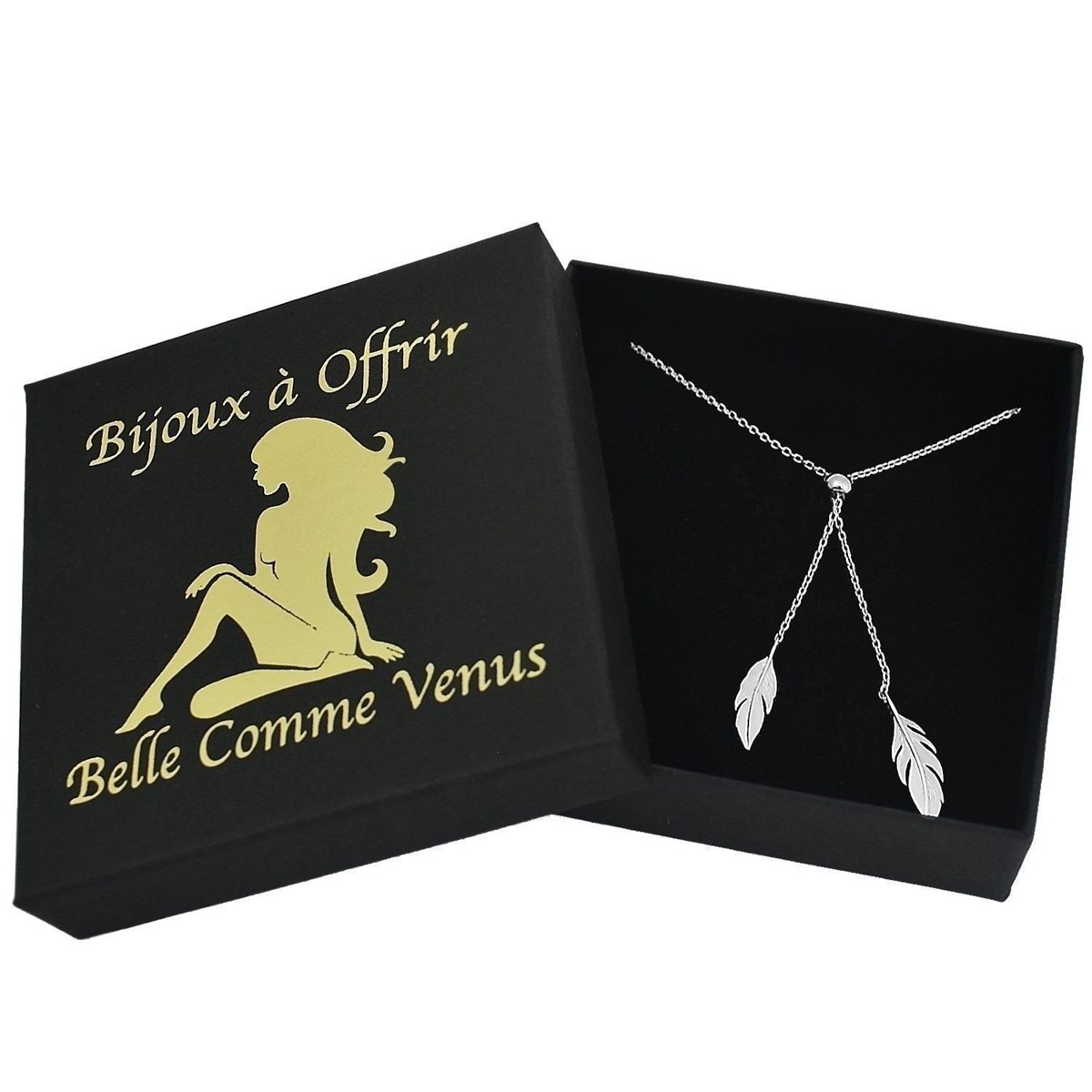 Collier 2 plumes anneau coulissant ajustable Argent 925 Rhodié