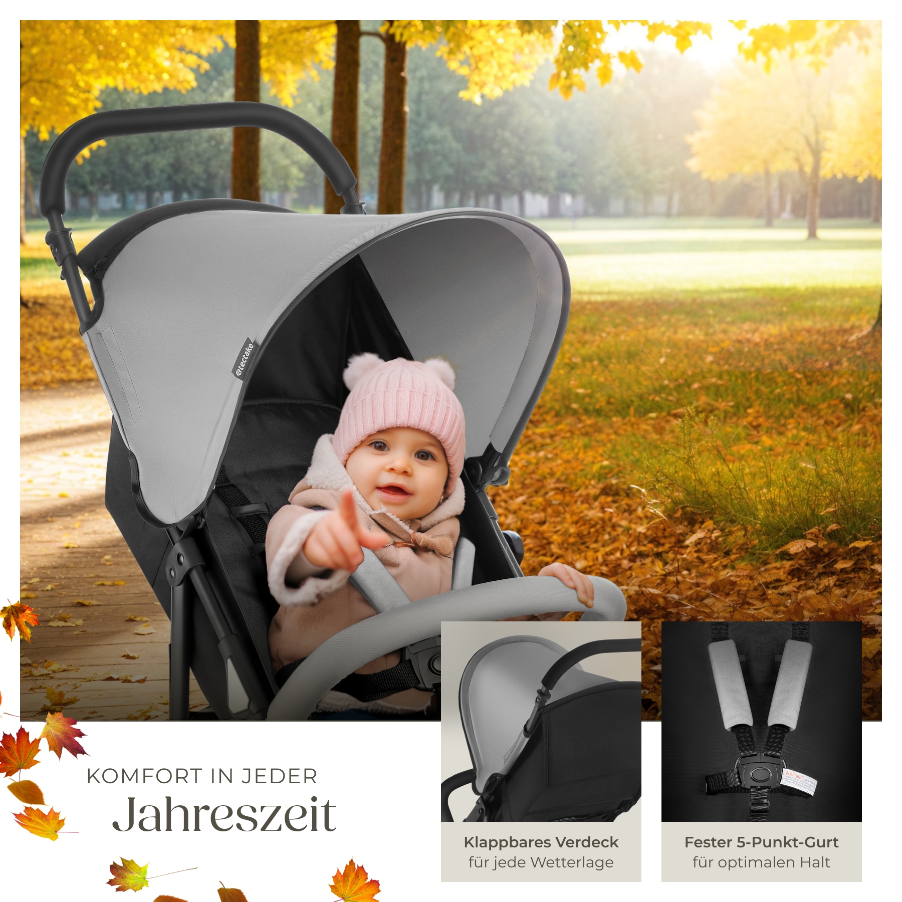tectake® Buggy-Kinderwagen, klappbar, mit 5-Punkt-Gurt, Bremse und Schutzbügel, pulverbeschichtetes Stahlgestell und pflegeleichter Polyesterbezug, für 0 bis 36 Monate geeignet, Belastbarkeit 15 kg