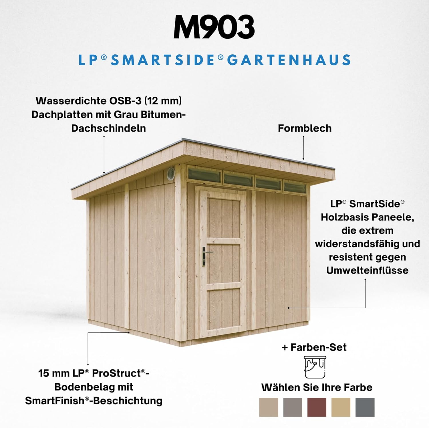 Gartenhaus Premium Qualität 5,9m² - L279xW293cm- All-Inclusive-Set mit Boden, Bitumen-Dachziegeln, Farbset- Hochwertiger Geräteschuppen aus Holzwerkstoffplatten LP Smartside - M903 Tundra Grey