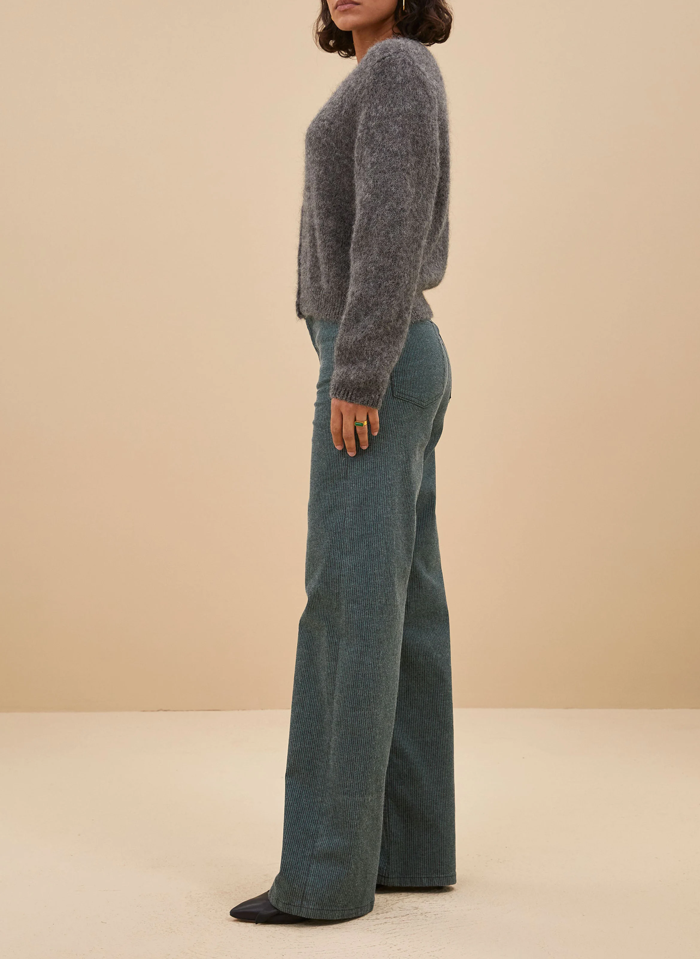 LINA - Pantalon large rayé en coton mélangé | Vert