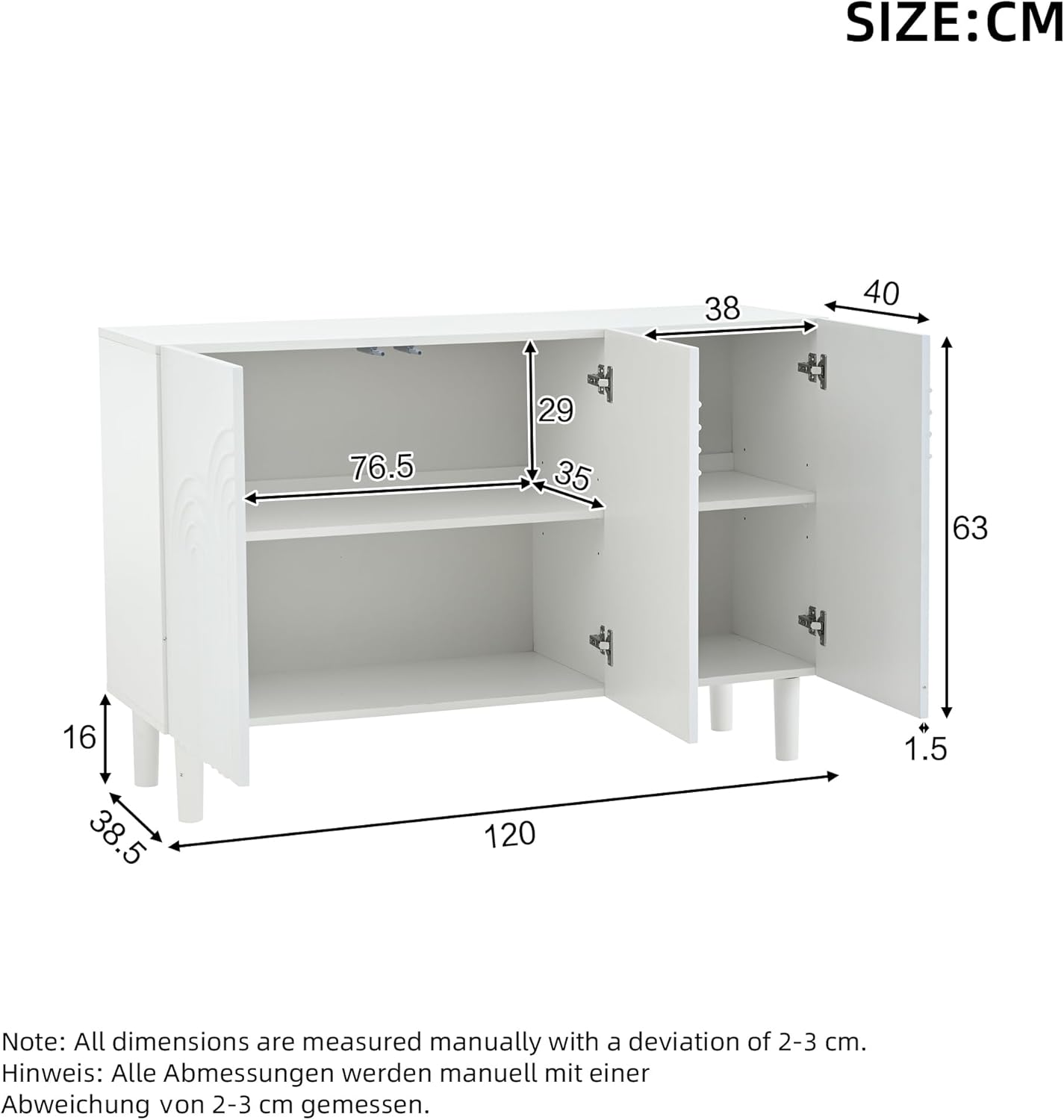 Sideboard Wohnzimmer mit 3 Türen, Buffetschrank mit Großem Stauraum und Verstellbarer Trennwandschrank, 120x38,5x79cm, Modern Wohnzimmerschrank für Schlafzimmer, Büros, Flur, Weiß