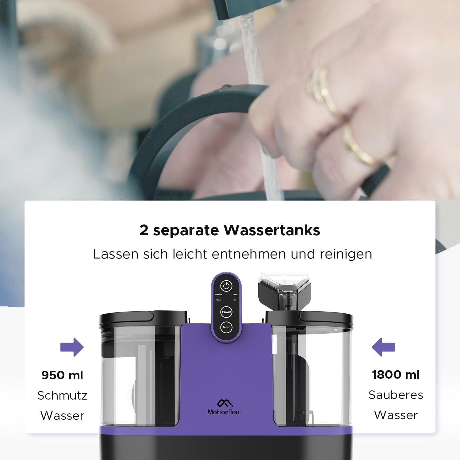 Motionflow Teppichreiniger Waschsauger mit Heizfunktion - 1200W Polsterreiniger Gerät für Teppiche, Polstermöbel, Autositze uvm. Nasssauger mit 4 Bürstenaufsätzen, Selbstreinigung, 15s Aufheiz-Zeit