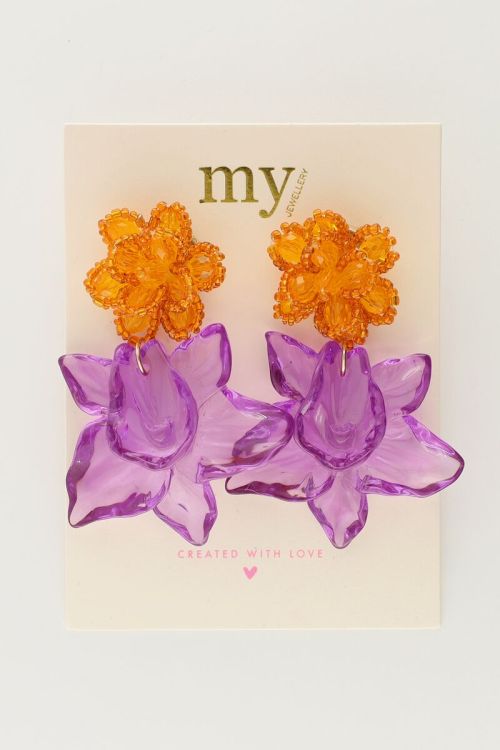 Island oorhangers met oranje en paarse bloem