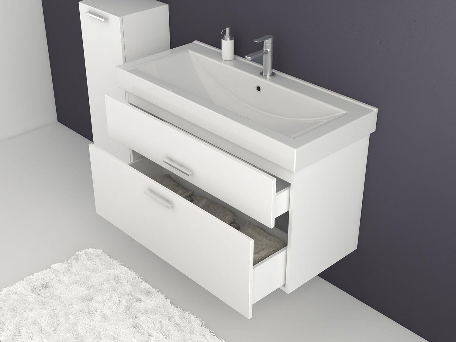 Waschtischunterschrank 100/80 / 60 cm breit Hochglanz Weiß Waschbeckenunterschrank Unterschrank Badmöbel-Set hängend Sieper Girona (100 breite)
