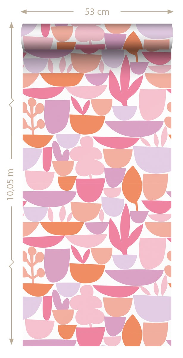 ESTAhome Behang Keramiek en Planten Roze, Paars en Oranje - 50 x 900 cm - 131075