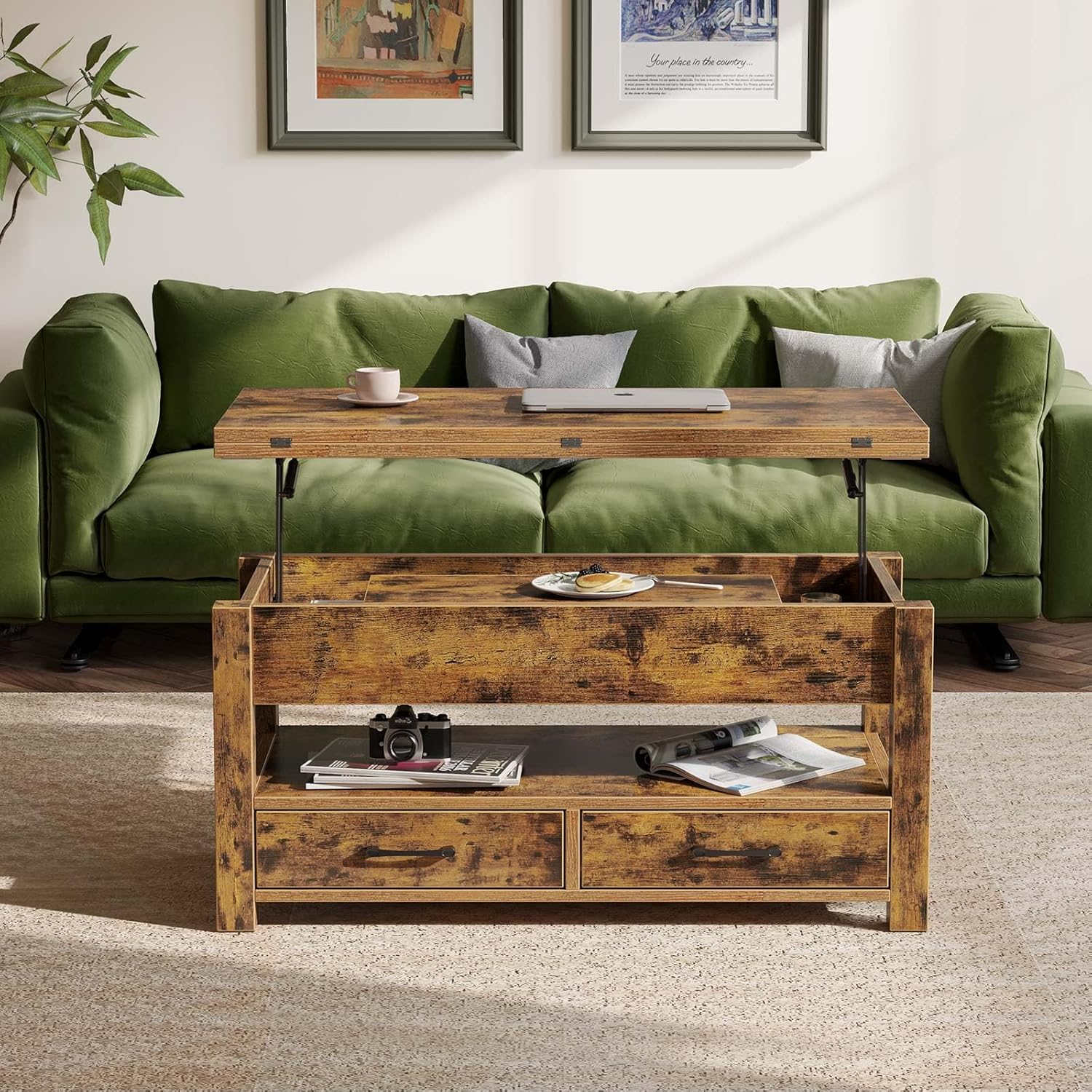 Rolanstar Couchtisch Höhenverstellbar, Wohnzimmertisch mit Schublade & verstecktem Fach, Kaffeetisch umwandelbar in Esstisch, 100 x 50 cm Sofatisch aus Holz