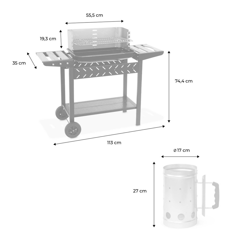 Barbecue au charbon. Noir et gris. Hauteur de grille ajustable. Cuve émaillée. Tablettes en bois + cheminée d’allumage